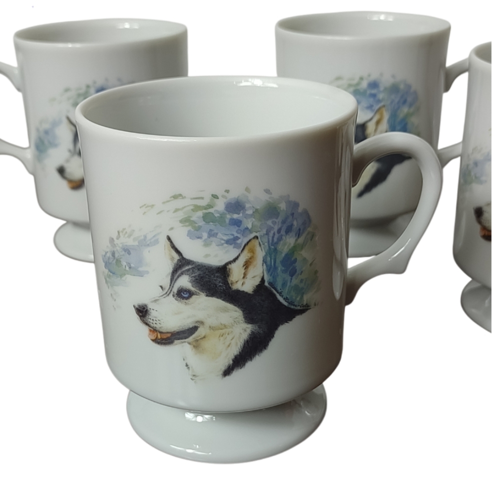 Set of 4 Siberian Husky Footed Coffee Tea Cups Mugs